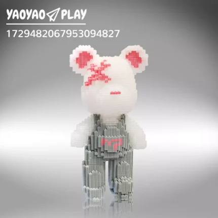 Pixel-art ​​Brick Bear toy​​ in white, gray, and red ​​building blocks​​ against a neutral gradient.