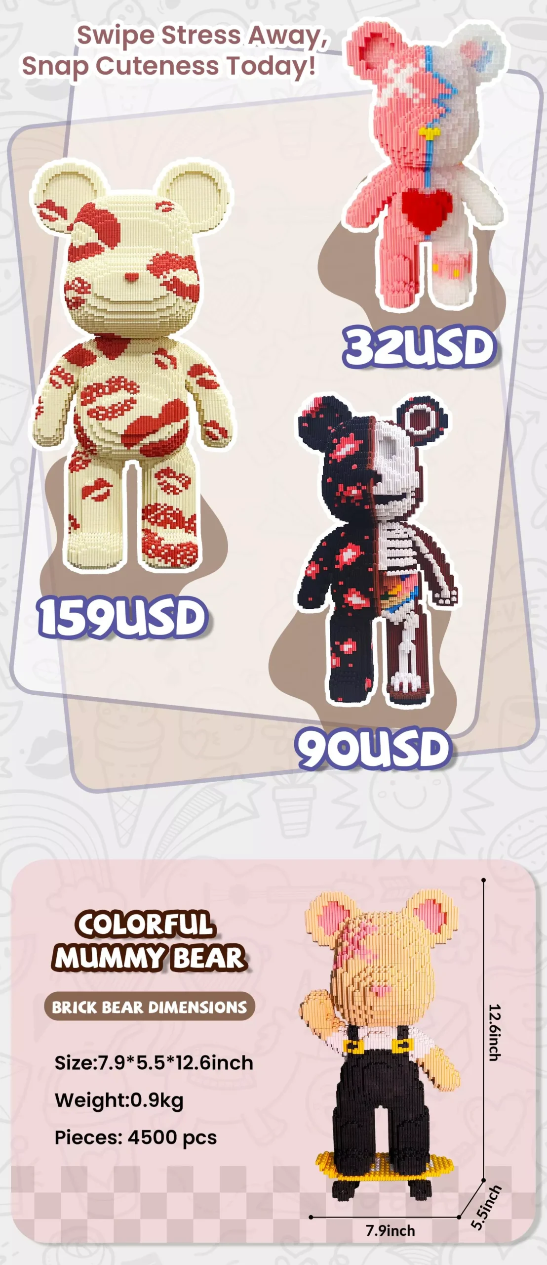 Three colorful brick bears with price tags and specs on a pastel patterned background.