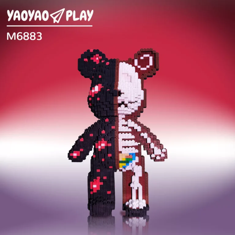 Split-design ​​Brick Bear toy​​ (M6883) with floral motifs and skeletal details on a gradient red-purple backdrop.
