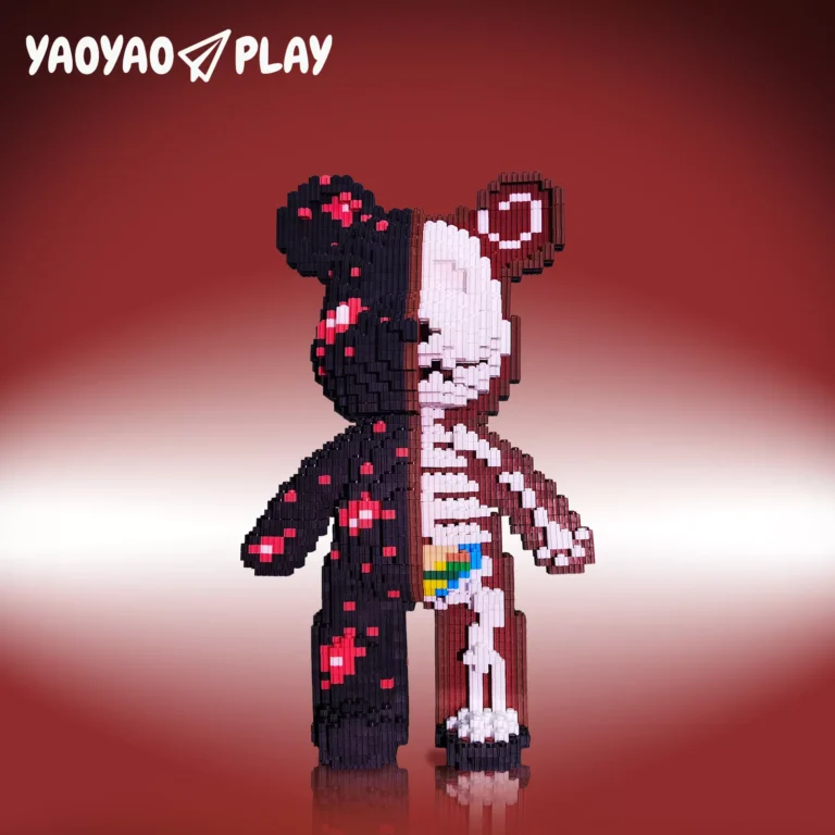 Pixelated ​​Brick Bear toy​​ with floral/skeletal contrast on a gradient red ​​building blocks​​ backdrop.
