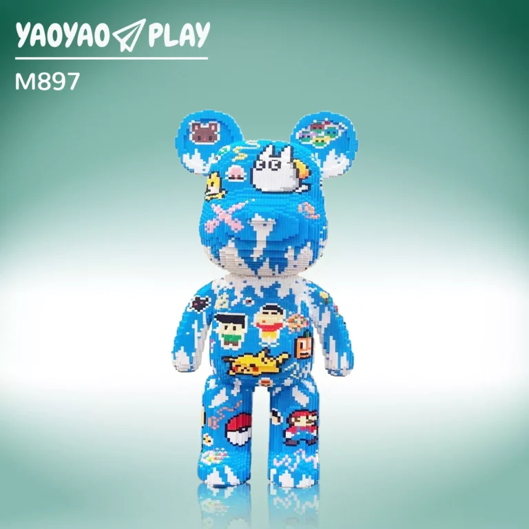 Blue ​​Brick Bear toy​​ with white paint splatter and "YAOYAO PLAY M897" ​​building blocks​​ branding.