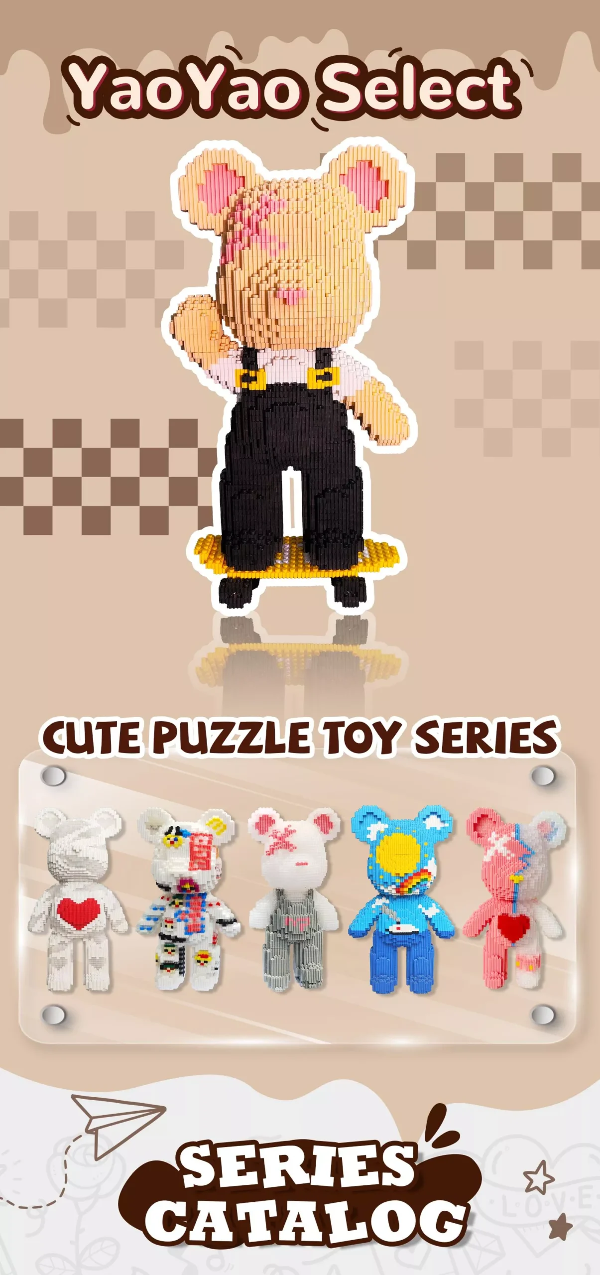 Select YY Skateboard Bear Building Block Toy – 4500PCS with Storage | Cool DIY Gift for All Ages 1 Five bears from the "CUTE PUZZLE TOY SERIES" are displayed against a transparent background. Designs include a white bear with a red heart, a patchwork bear, a gray-overalled bear with pink "X" eyes, a blue bear with a sun motif, and a pink bear with stitches. Each stands upright, emphasizing playful symmetry. Text labels ("YaoYao Select", "CATALOG") anchor the top, framing the collection as a curated toy line.