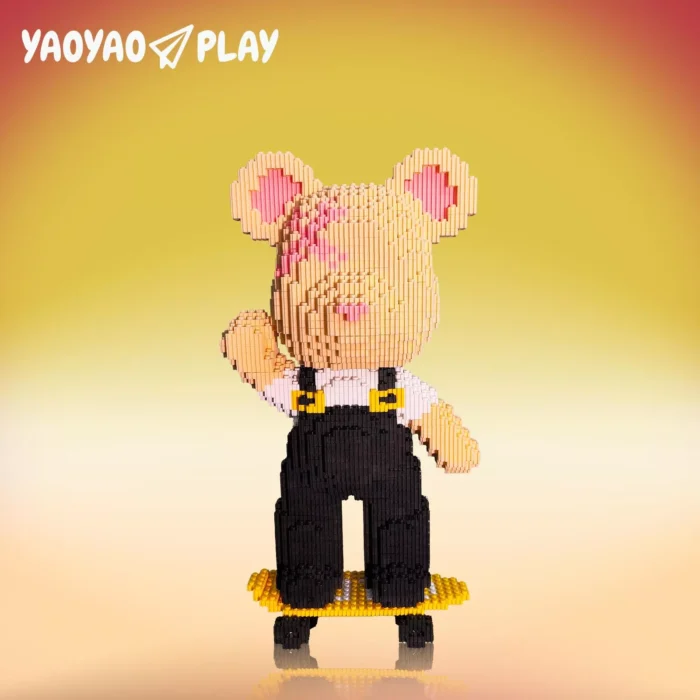 A blocky bear waving on a skateboard against a yellow-orange gradient.