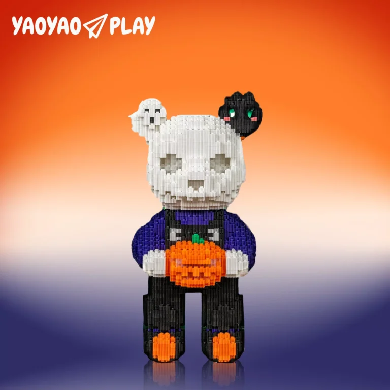 Home 54 A LEGO-style bear with ghost and cat companions on an orange-purple ombre backdrop.
