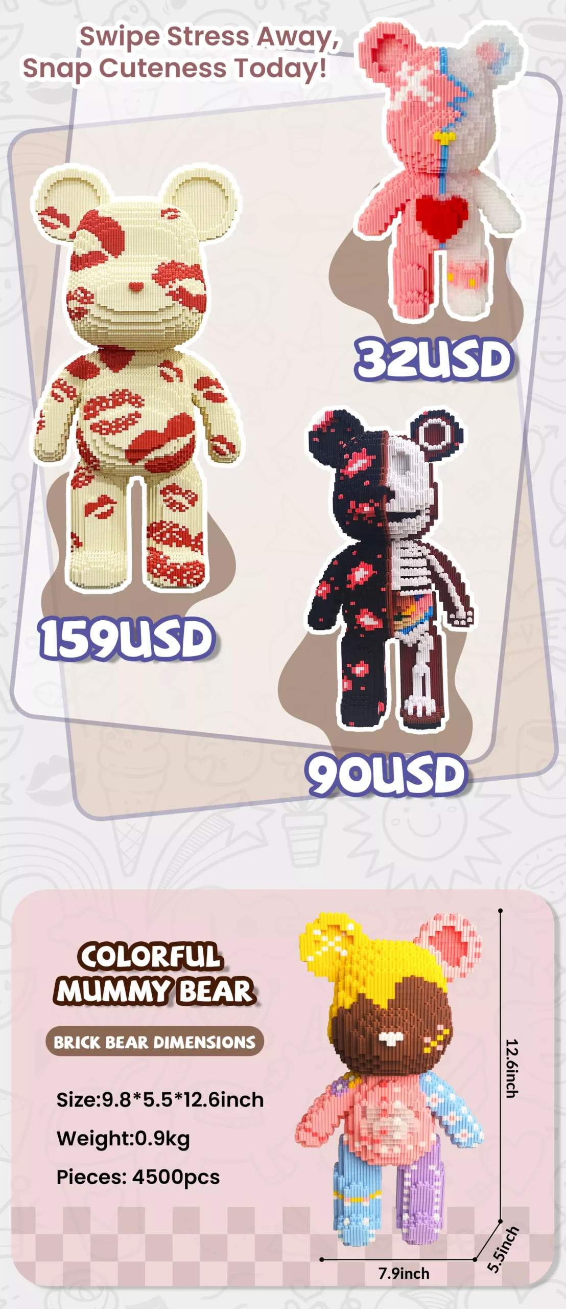 Three Brick Bear toys (32−159) and a 12.6-inch "Colorful Mummy Bear" with specs, labeled "4500pcs" on a pastel backdrop.