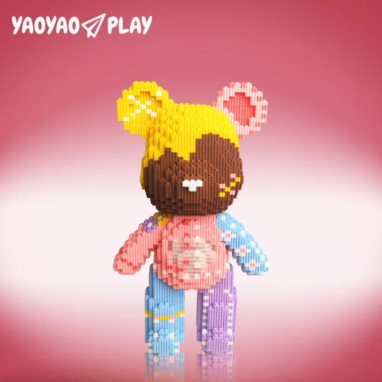 A yellow-and-brown ​​Brick Bear toy​​ with heart-shaped ears, pink floral torso, and dual-color limbs on a pink gradient