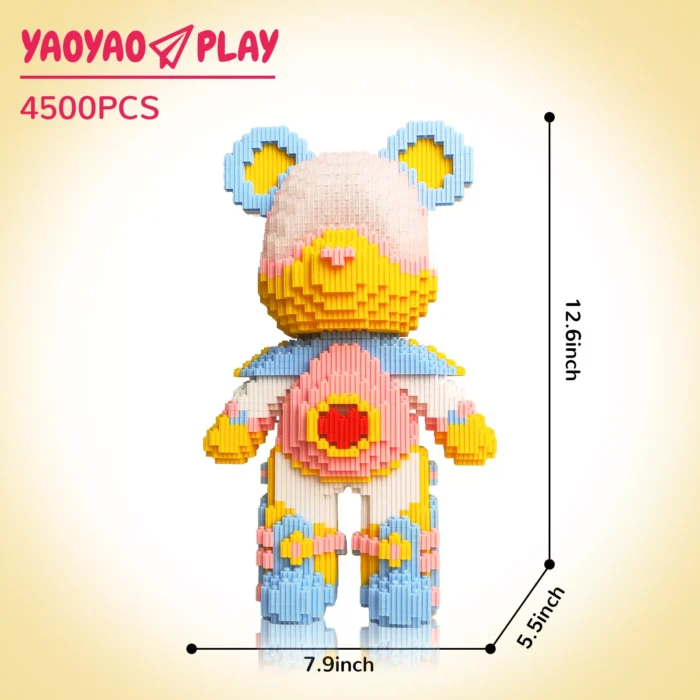 A ​​Brick Bear toy​​ with light pink head, blue/yellow ears, red heart torso, and labeled dimensions (12.6" height) on a neutral backdrop