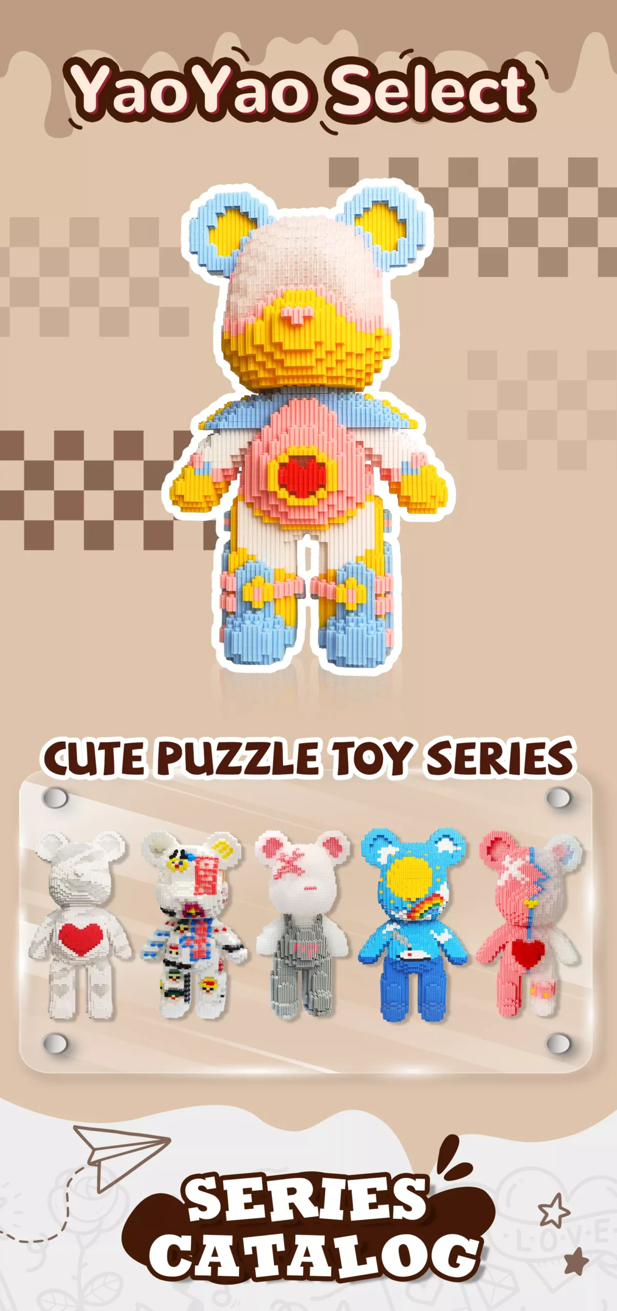 Select YY DIY Astronaut Boy Bear Building Block Toy – 4500PCS with Storage | Space-Inspired Gift for All Ages 1 Five Brick Bear toys in varied colors (blue, pink, white) with rainbow motifs, labeled "CUTE PUZZLE TOY SERIES.