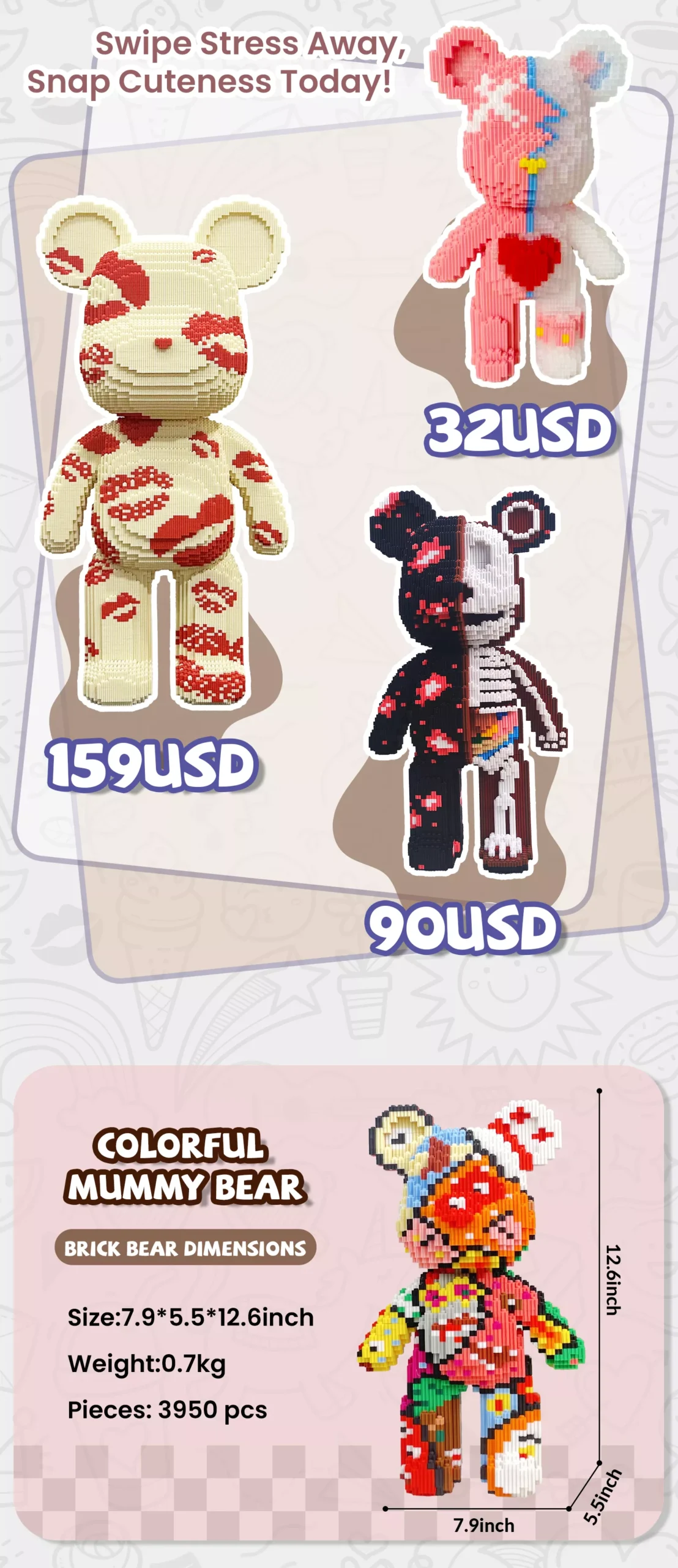 Two cute brick - built bears with different designs, presented under the YaoYao Play label.