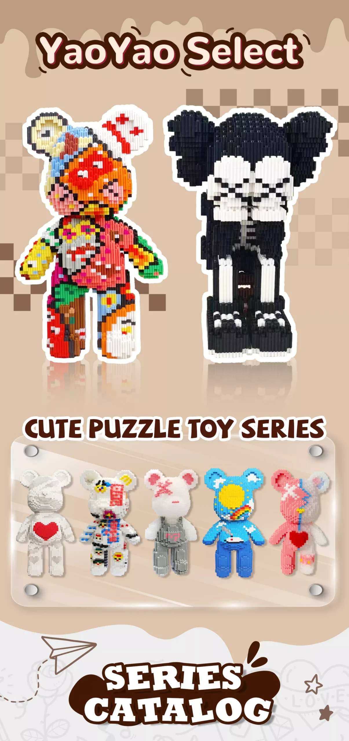 Select YY SUPREME Wonder Bear Building Block Set – 6,800PCS | Premium Holiday DIY Collectible Bear Duo 1 Catalog cover showcasing two pixel-art bears with contrasting multicolor and monochrome designs, accompanied by five mini collectible variants.