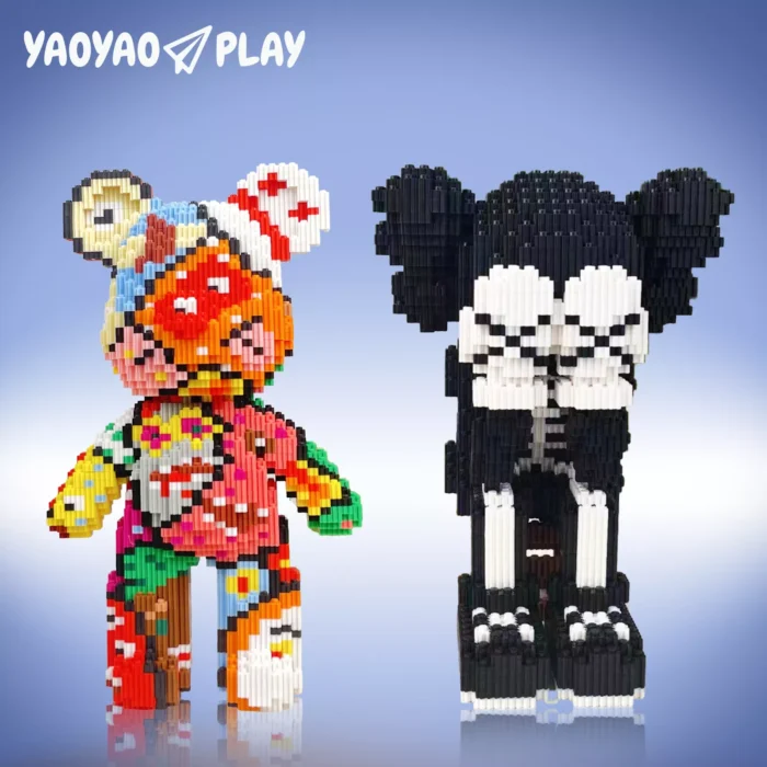 Dual block-built bears with asymmetrical accessories and skeletal minimalism on a blue gradient.