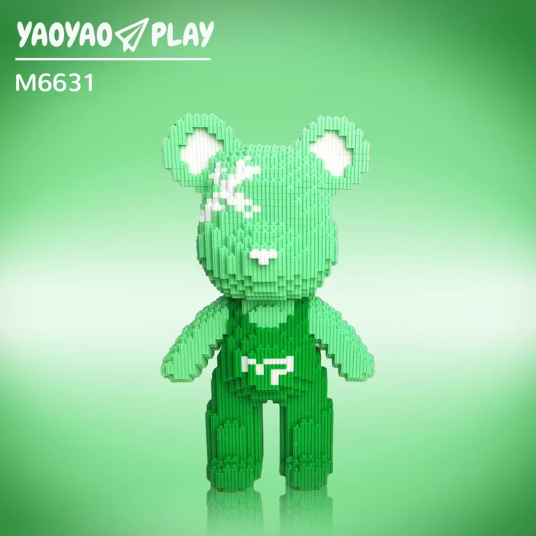 A mint-green building blocks brick bear toy with white facial details, 'MP' logo on dark green overalls, centered on a gradient backdrop