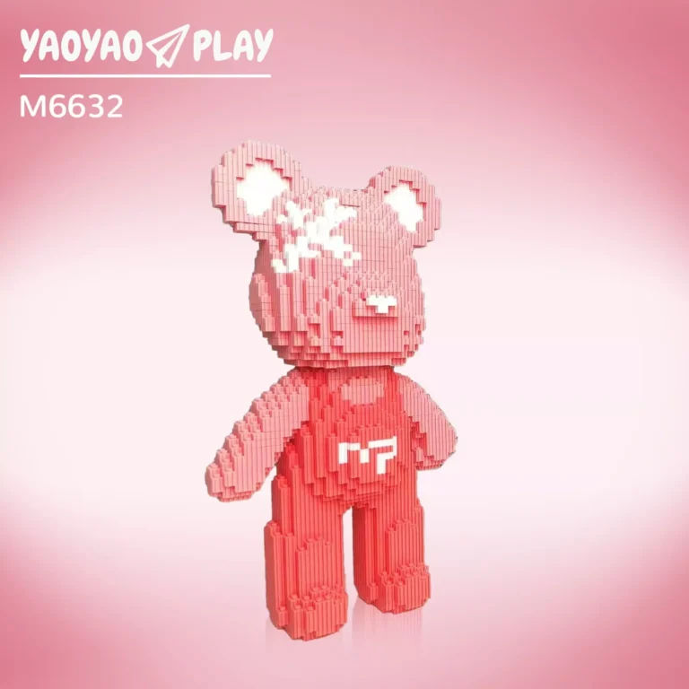 Pixelated pink building blocks brick bear toy wearing red overalls with white MP branding, showcased against gradient pink