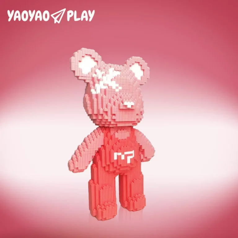 Coral-toned building blocks brick bear toy with pixel-art texture, stacked MP emblem, and gradient backdrop.