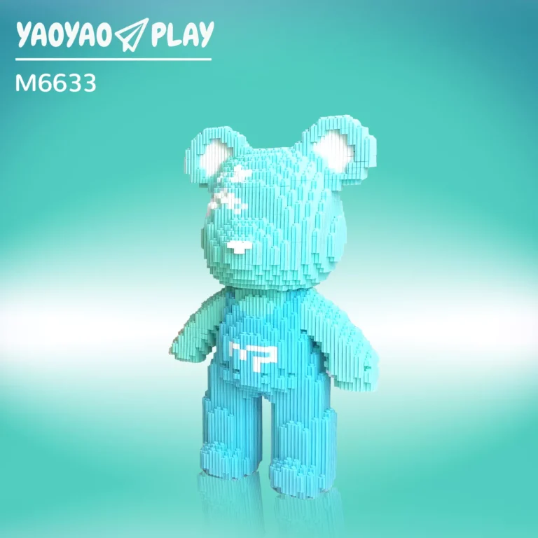 A ​​Brick Bear toy​​ (Model M6633) with light/dark blue blocks, white ear accents, and glossy base on a teal-to-aqua backdrop.