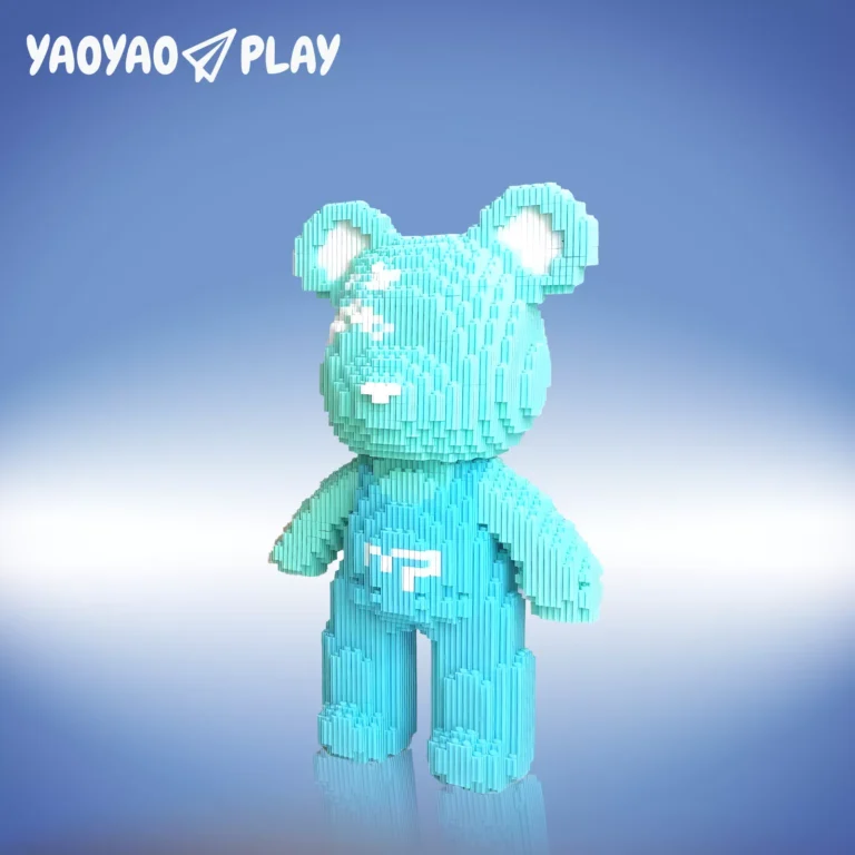 A turquoise-and-teal ​​Brick Bear toy​​ with pixelated texture, white torso emblem, and stubby limbs on a gradient blue backdrop.