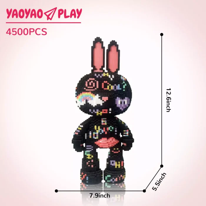 A 12.6-inch-tall black ​​Brick Bear toy​​ with rainbow accents, labeled "4500PCS" and branded "YAOYAO PLAY."