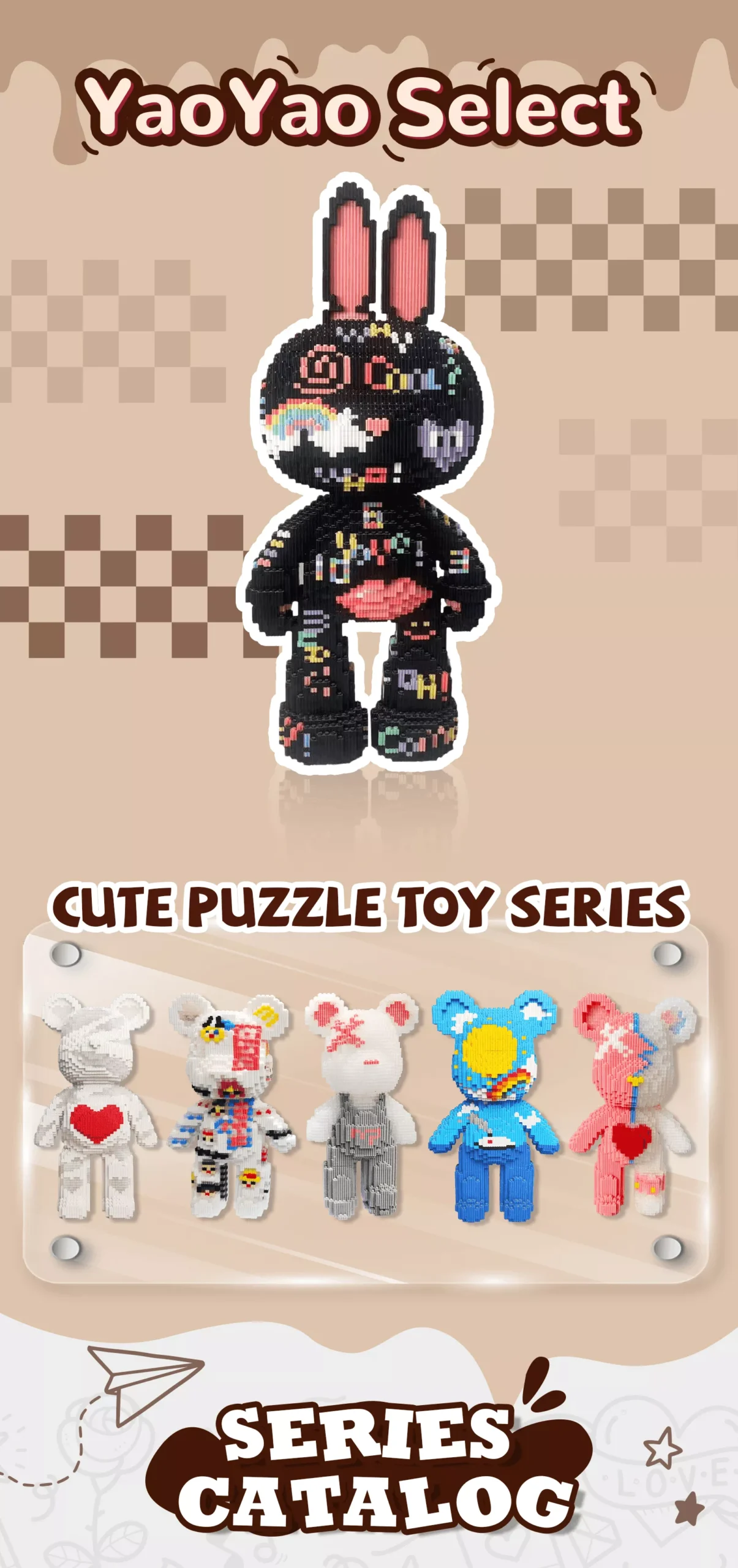 Select YY Graffiti Rabbit Building Block Toy – 4500PCS with Storage | Creative DIY Gift for All Ages 1 Three Brick Bear toys (32−159) with lip, heart, and skeleton motifs, paired with specs for a 12.6-inch modular set.