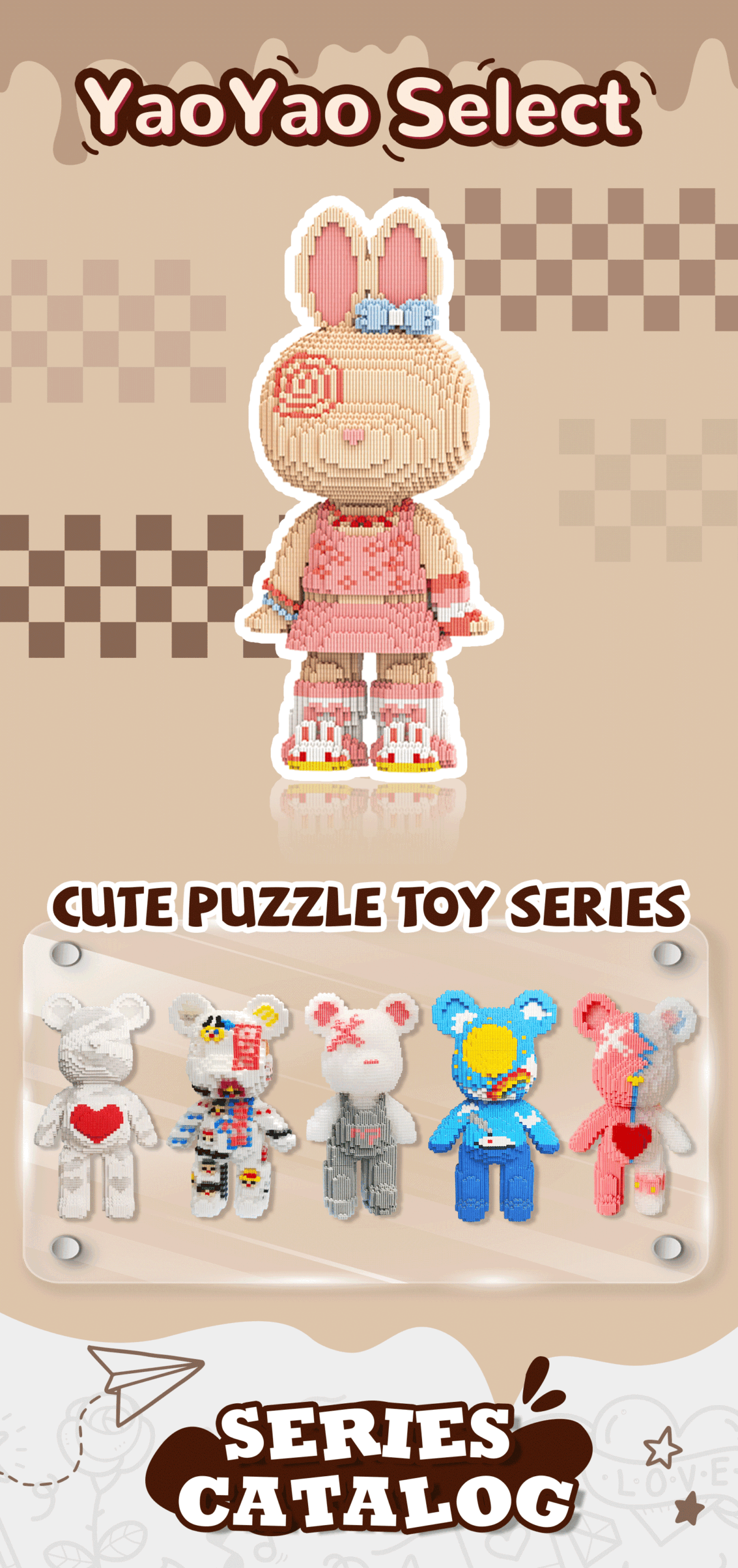 A Brick Bear toy companion: a rabbit with oversized ears, floral accents, and roller skates on a pink gradient.