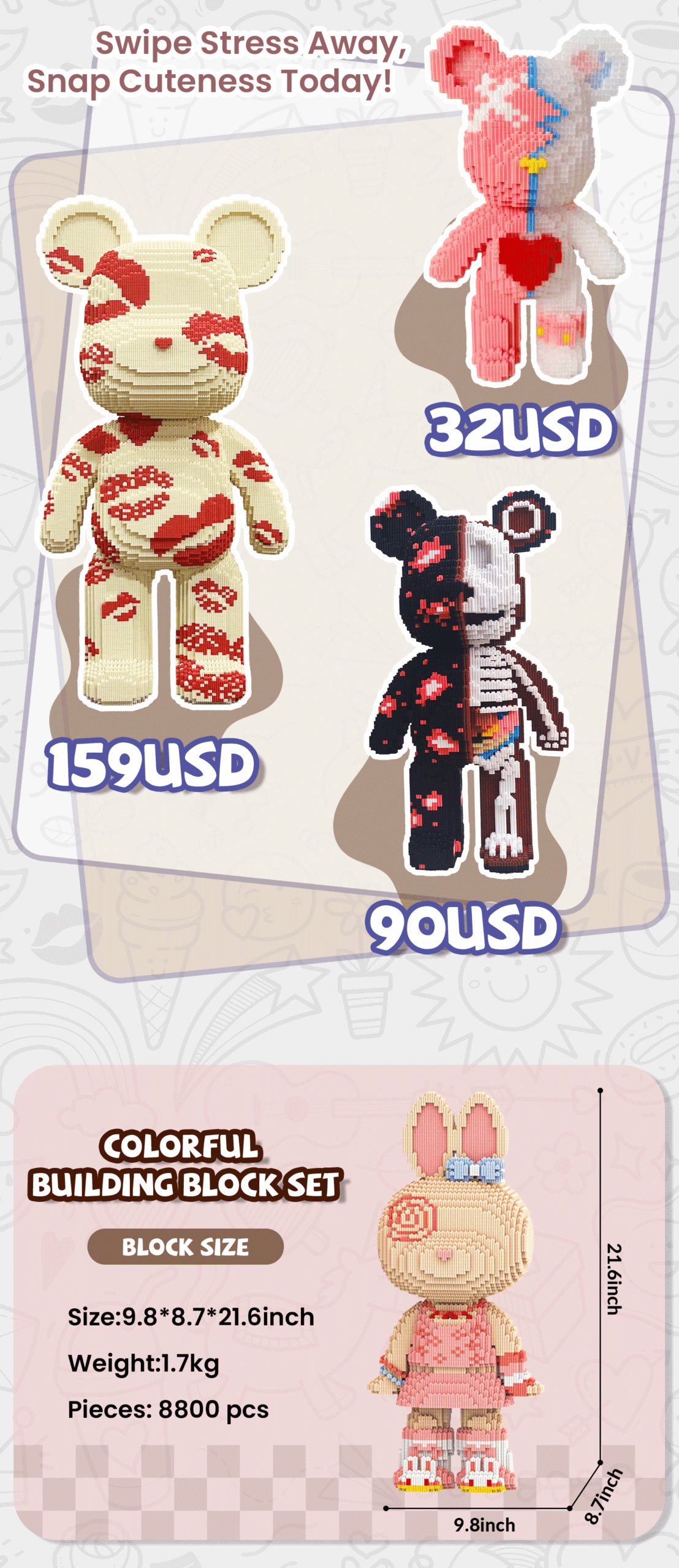 A pastel Brick Bear toy companion (Model M8010): a rabbit with floral dress and sneakers on a gradient backdrop