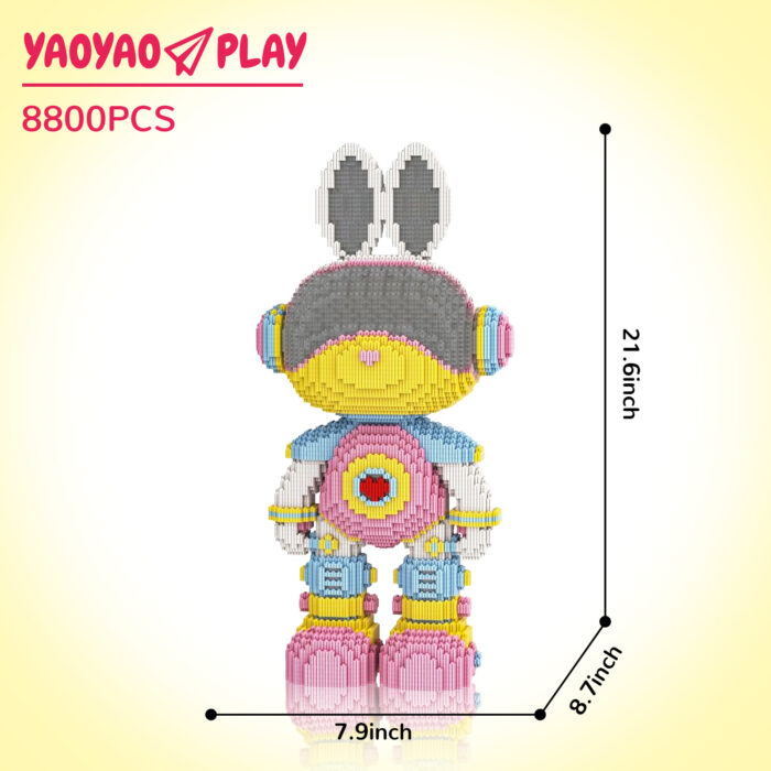 A 21.6-inch-tall ​​Brick Bear toy​​ with gray ears, yellow face, and multicolor torso, labeled "8800PCS" on a gradient backdrop.