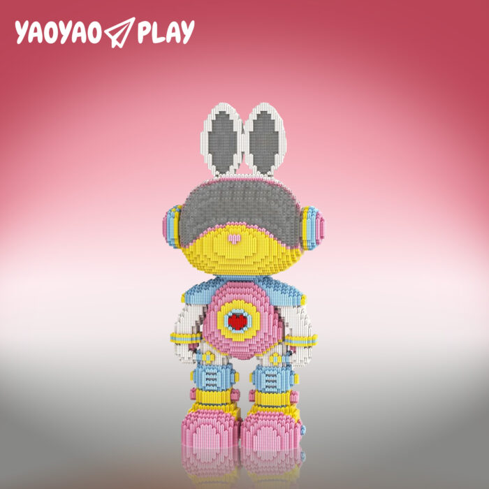A ​​Brick Bear toy​​ with yellow head, gray helmet, pink heart chest, and blue armor on a pink-white gradient.