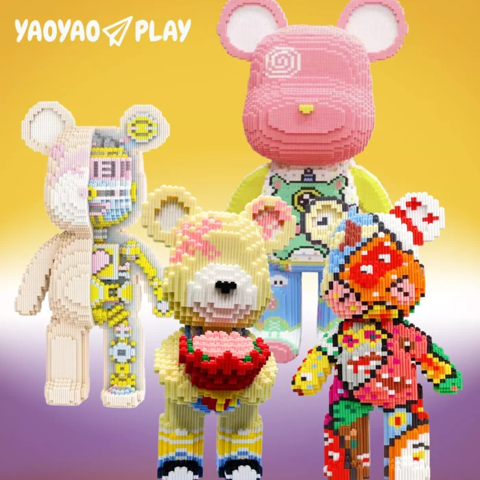 Four vibrant block-constructed bears with distinct themes, arranged dynamically on a yellow-to-purple gradient background