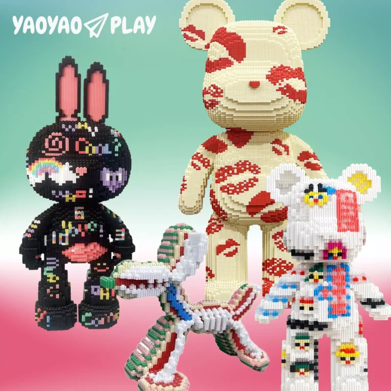 Four pixel-art plush toys are displayed against a gradient transitioning from mint green (top) to pink (bottom). The collection includes:
