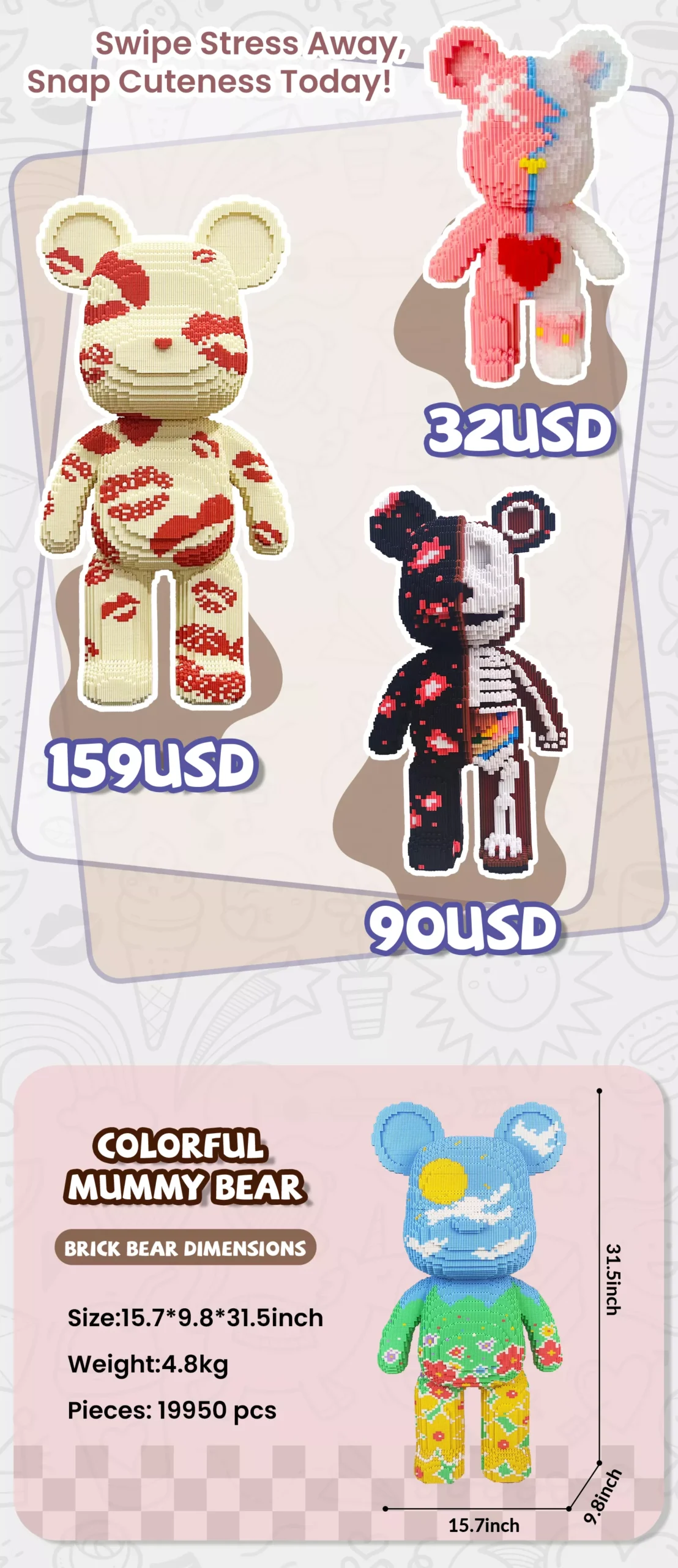 Three puzzle bears with prices, promoting stress - relief cuteness