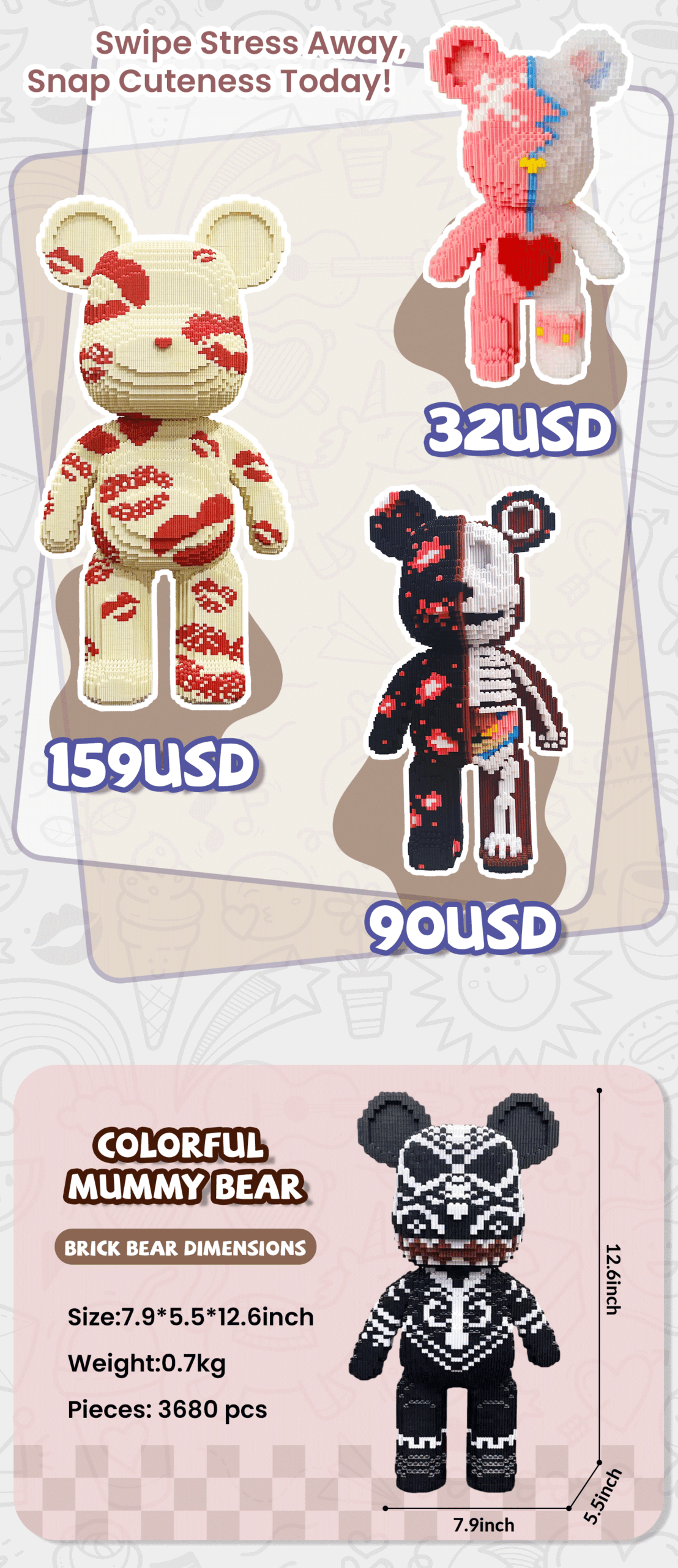 Three Brick Bear toys (32−159) with heart, mosaic, and skeleton motifs, paired with specs for a 3,680-piece "Colorful Mummy Bear."