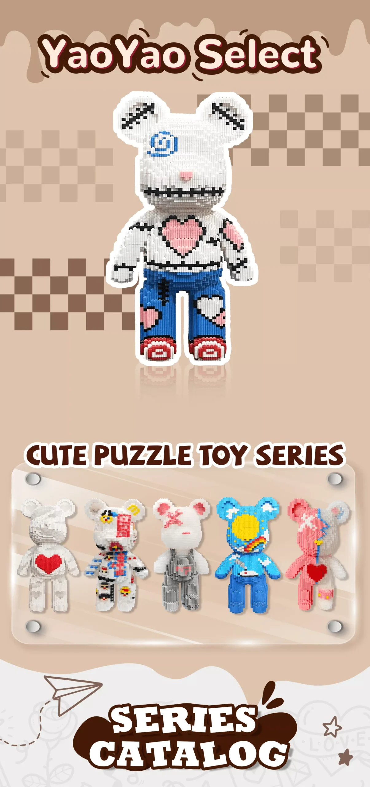 Select YY Medium Love Bear Building Block Toy – 4500PCS with Storage | Gift for All Ages 1 A white building blocks brick bear toy with blue swirl ear, pink heart motifs, and red-soled shoes, surrounded by five variant bears in a checkered catalog layout