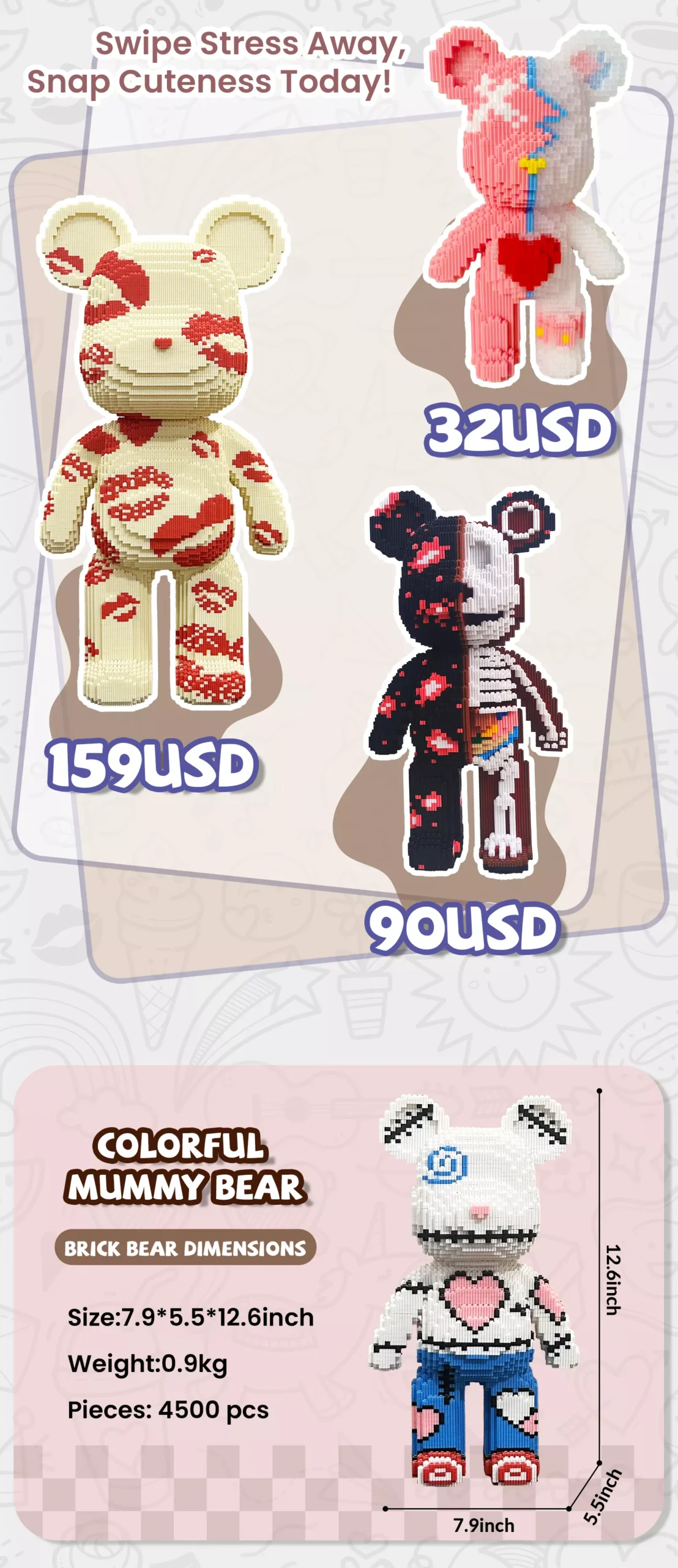 Select YY Medium Love Bear Building Block Toy – 4500PCS with Storage | Gift for All Ages 2 Three building blocks brick bear toys priced 32−159: cream with lips, pink hearts, and black skeleton motifs, labeled 12.6-inch height and 4500 pieces.