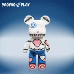 Blue-and-white building blocks brick bear toy (12.6-inch height) with stitched face, heart motifs, and 'YAOYAO PLAY 4500PCS' branding