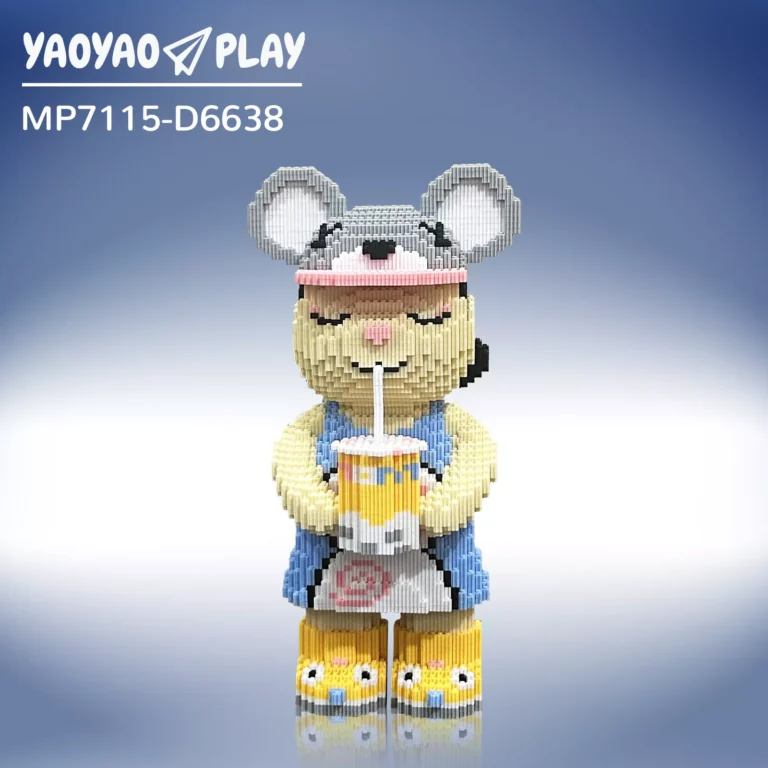 A ​​Brick Bear toy​​ with mouse-eared hat and striped drink, labeled "MP7115-D6638" on a gradient blue backdrop