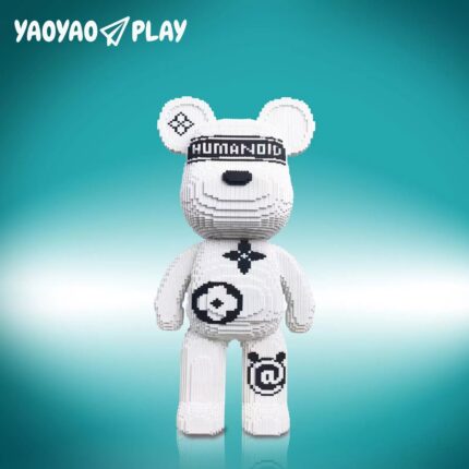 "Minimalist white block-built bear with monochrome logos and geometric patterns."