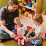 father and child playing with heart-themed brick bear on a rainbow carpet