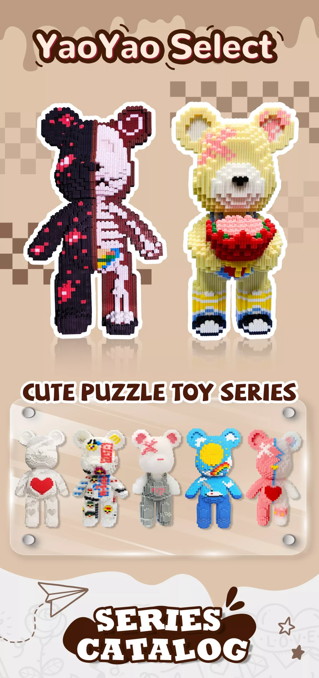 Catalog cover featuring pixel-art bears in monochrome and rainbow designs.