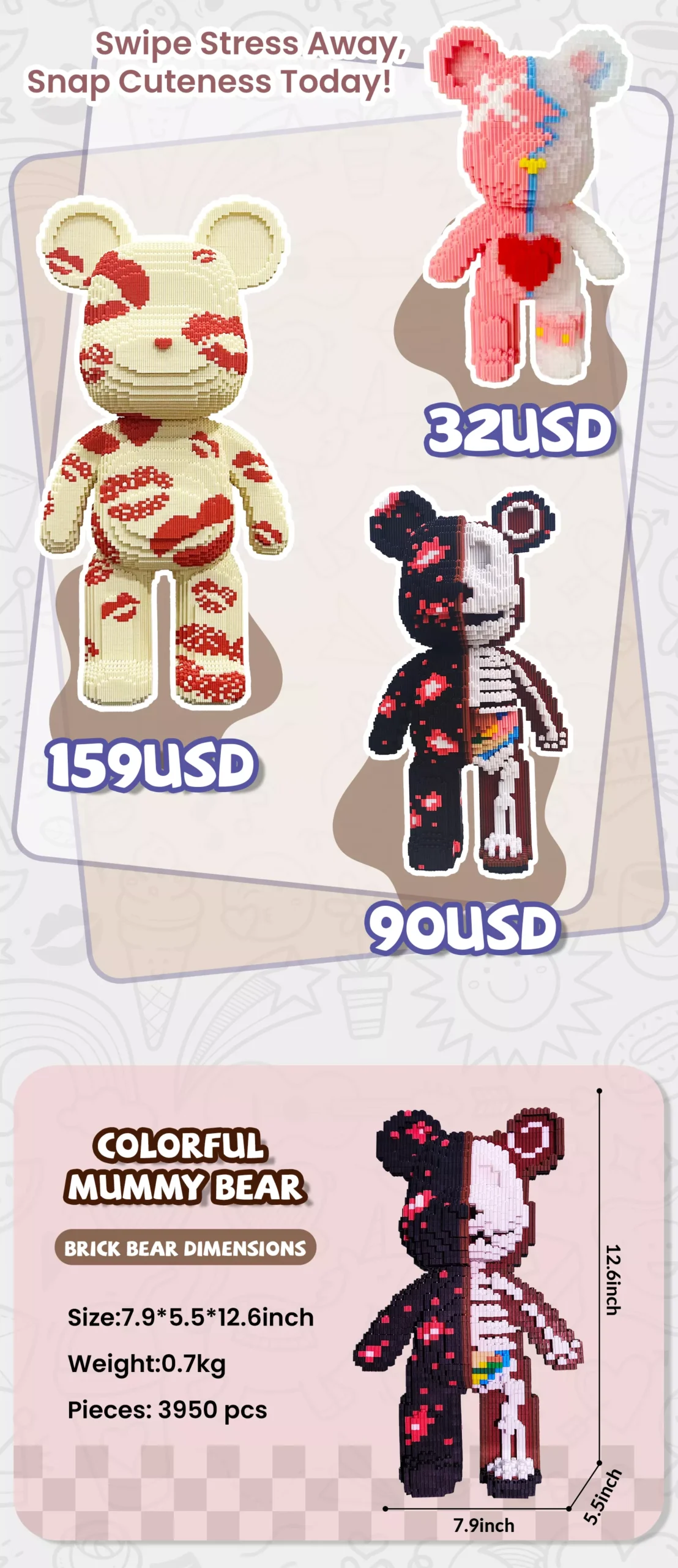 Three-tiered bear product display with pricing (32-159 USD) and assembly specifications.