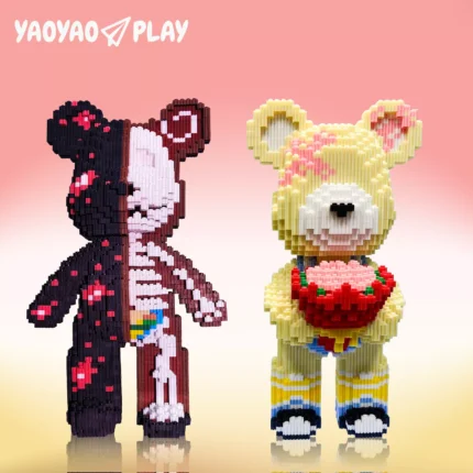 Artistic bear pair symbolizing life/death through block-built anatomy and vibrant accessories.