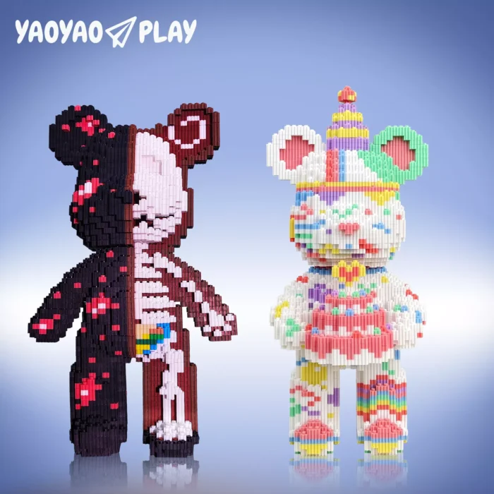 Block-assembled bear pair merging anatomical and celebratory motifs on a blue gradient.