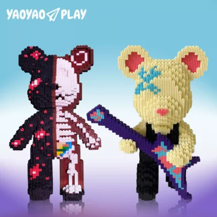 Two bears symbolizing anatomy (black/skeletal) and music (yellow/guitar) against a sky-blue gradient.
