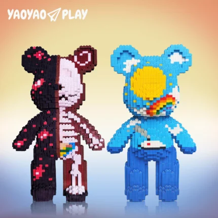 Block-built bear duo merging anatomical exposure and celestial motifs.