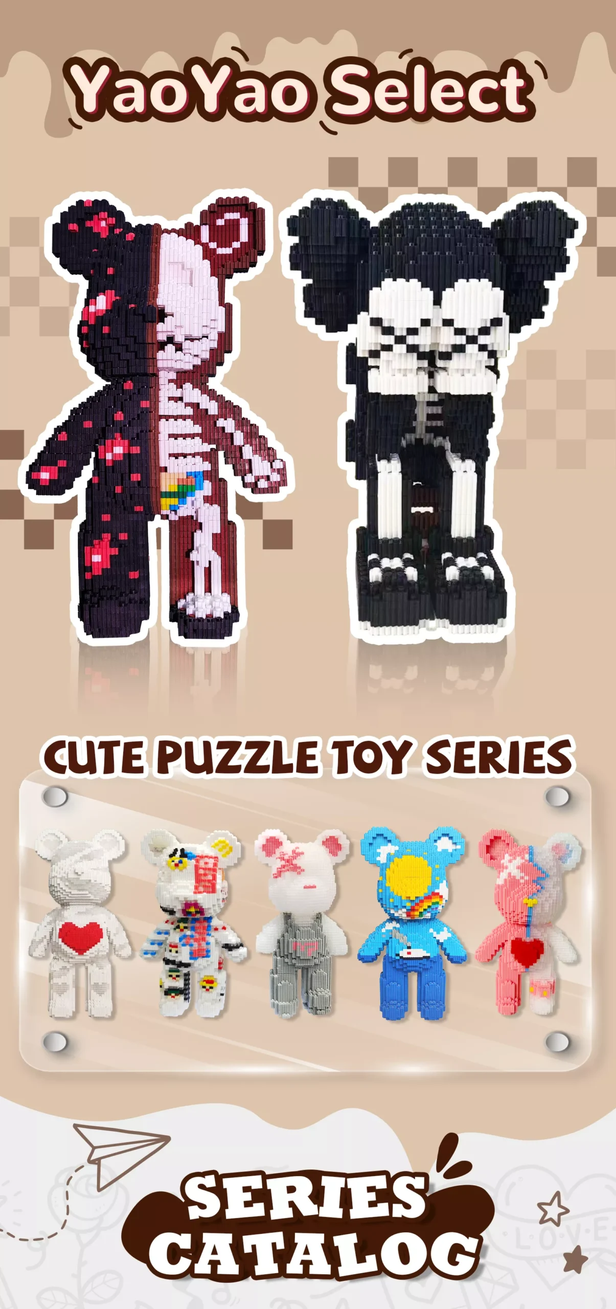 Promotional catalog featuring pixel-art bears with anatomical and playful designs.
