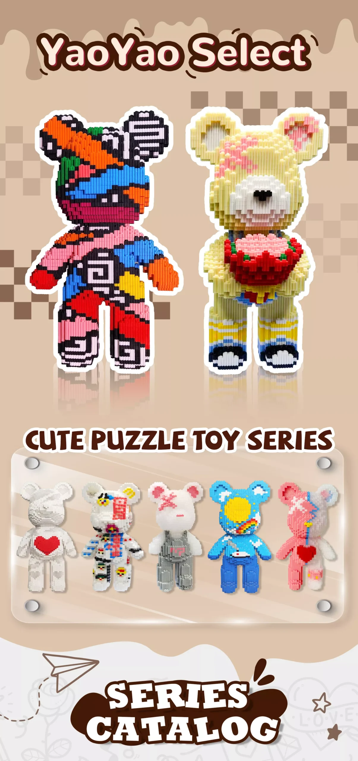 Vibrant catalog cover featuring two pixel-art bears and five collectible variants on a beige grid-textured background.