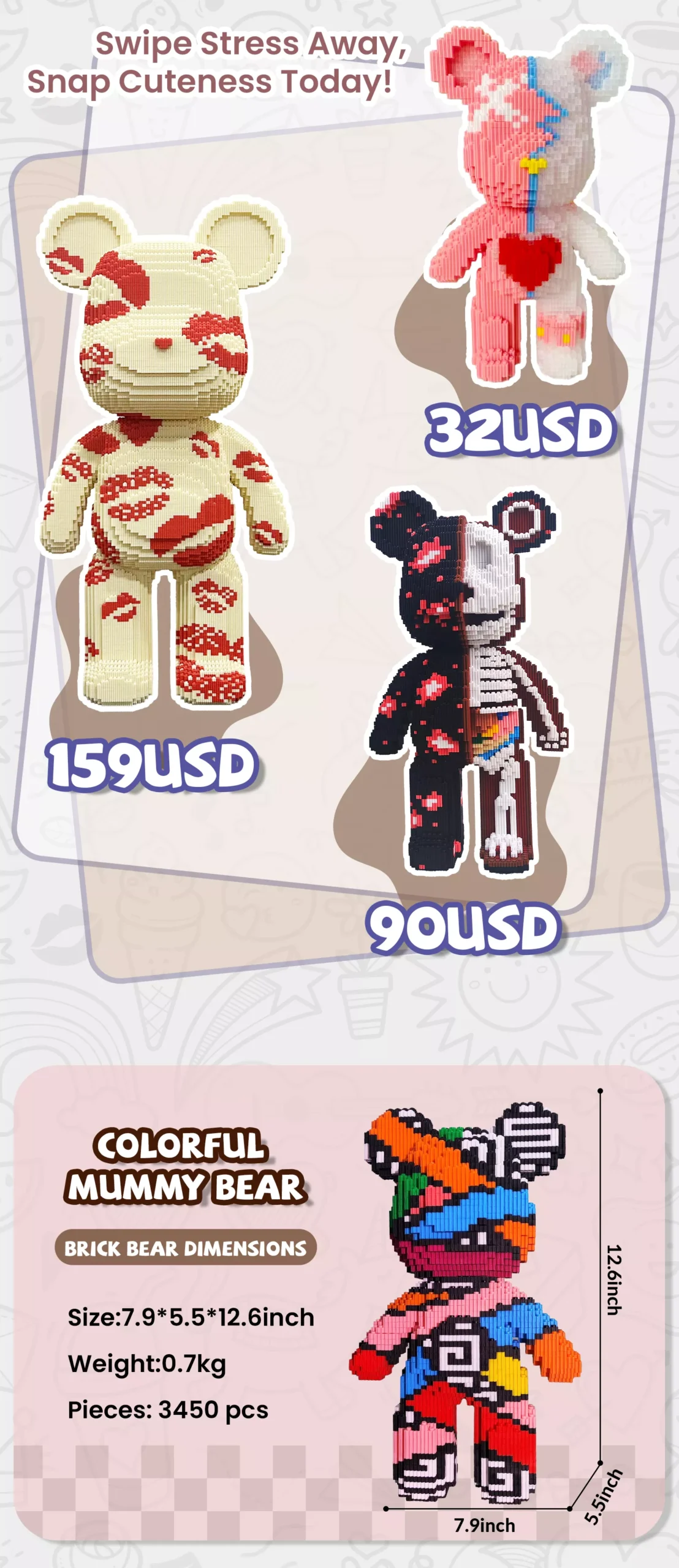 Three pixelated bears with distinct designs (cream, pink, black) and technical annotations.