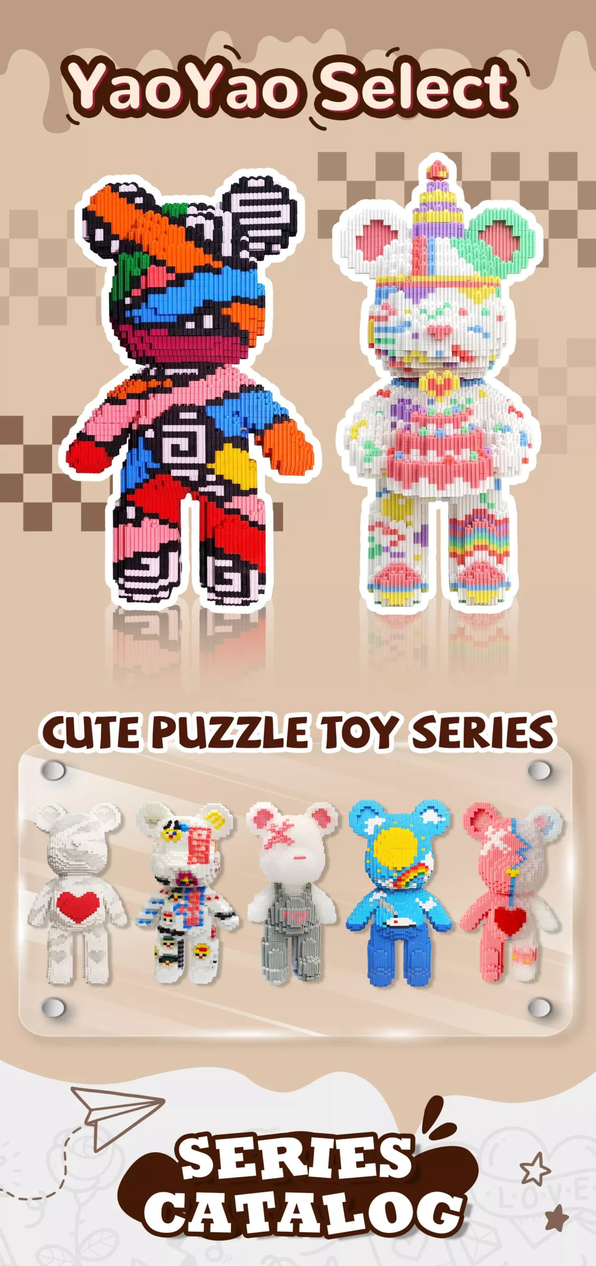 Promotional layout featuring six pixel-art bears with geometric and pastel designs.