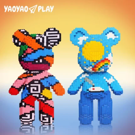 Juxtaposed bear sculptures (orange/red abstract vs. blue/sky motifs) on an orange-blue gradient.