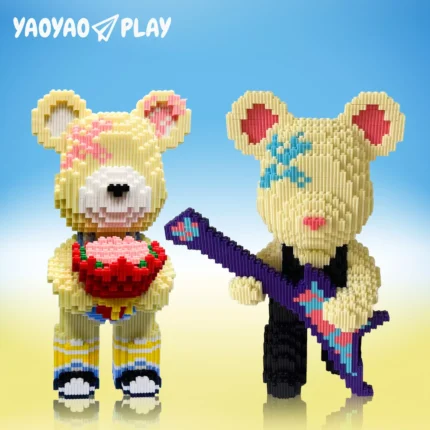 A mummy - inspired, vibrantly patterned brick - built bear with size and piece count details.