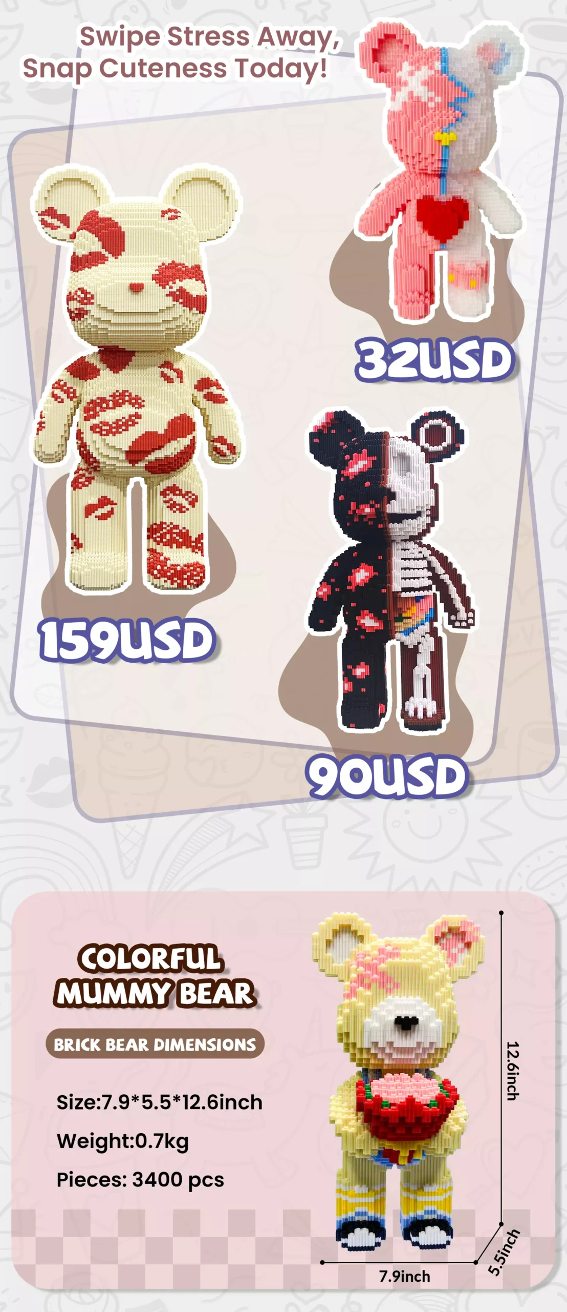 Three uniquely - designed brick - built bears with price tags.