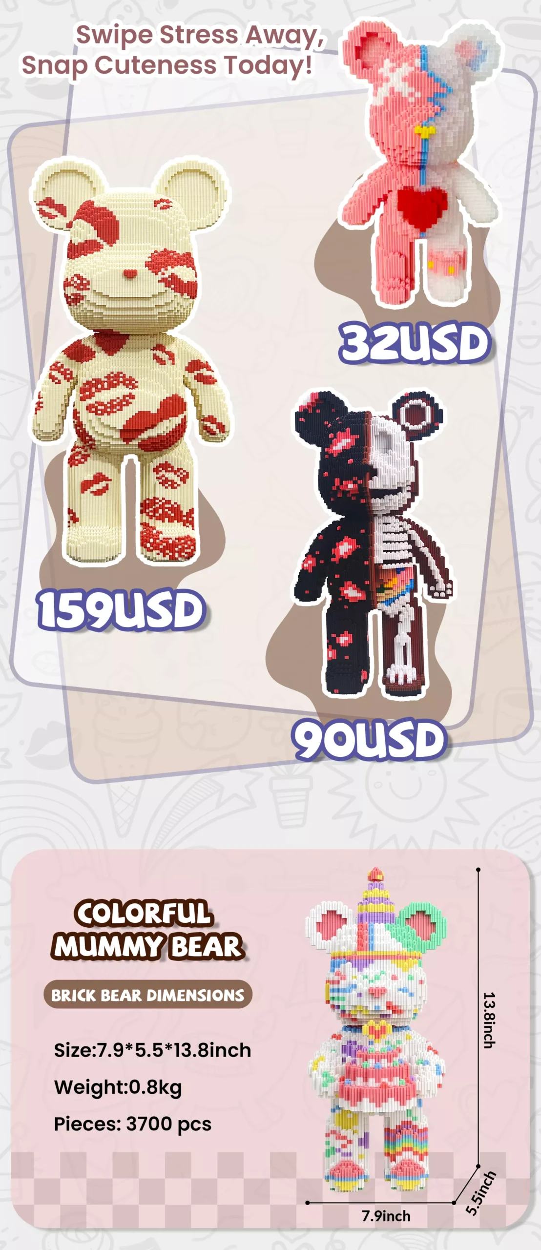 Two cute brick - built bears with distinct designs from YaoYao Play.